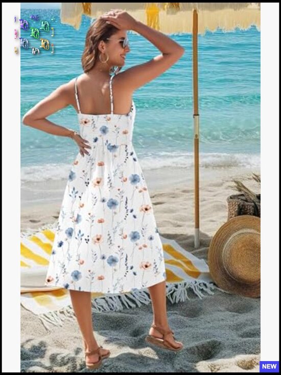 Floral Ruched V-Neck Midi Sundress Adjustable Straps Pockets Summer Casual - Picture 6 of 7
